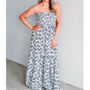 NWT Eesome Royal Cruise Tiered Leaf Print Strapless Maxi Dress